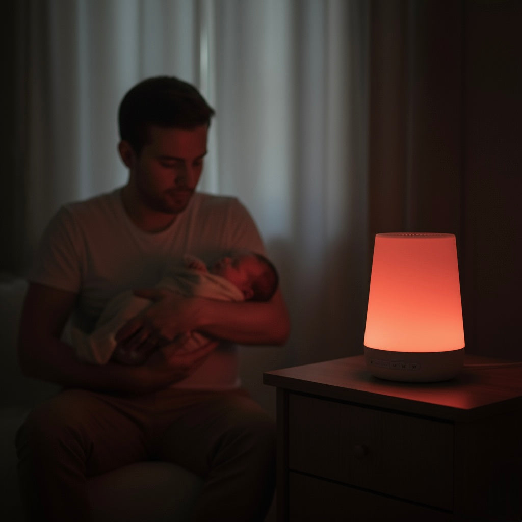 Nidoro Dormi die een zachte, rode gloed geeft in een donkere babykamer.